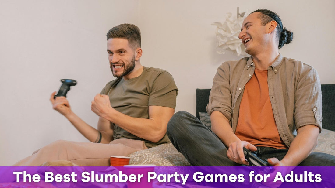 two men sitting on a bed while playing the best slumber party games